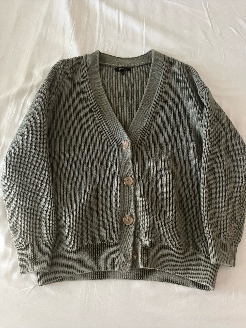 Quince Olive Green V-Neck Button Sweater Cardigan
